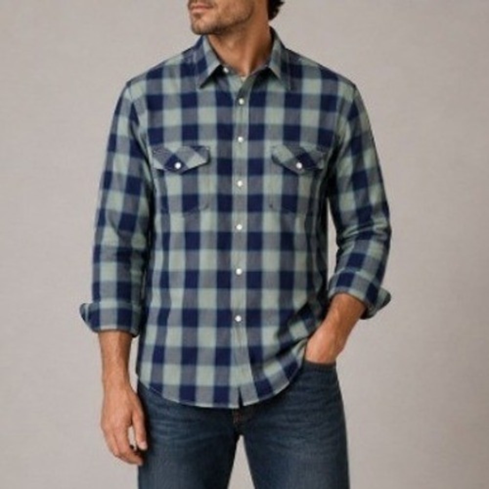 Sable & Stone Men's Blue Teal Plaid Cotton Pearl Snap‎ Button Shirt Large L
